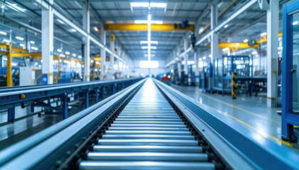 Industrial Conveyor Belt in Modern Warehouse with Bright Lighting