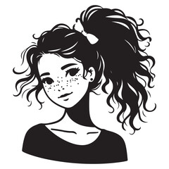 Silhouette Cute Cartoon Girl Portrait with Ponytail and Freckles Vector