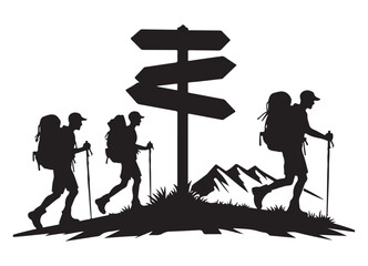 Hiking adventure through mountains silhouette vector image and exploration