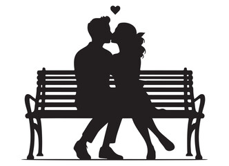 Romantic Couple Kissing on Bench Silhouette Love and Affection