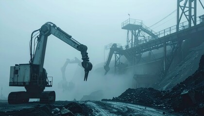 Heavy Machinery Working in Foggy Industrial Environment at Dusk