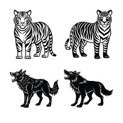Terrestrial animals. Cartoon illustration featuring a lion, tiger, cheetah, leopard, wolf, bear, fox, puma, and black leopard. 