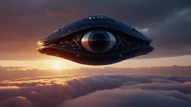 A giant black eye-shaped UFO hovers cloudy sky, swirling clouds vortex, eerie stillness, high contrast lighting, sense being watched, surreal unsettling, alien intelligence presence, cinematic 4K