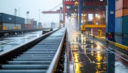 Fototapeta premium Rainy Day at Industrial Port with Shipping Containers and Rails