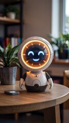Round white robot with glowing eyes on desk near books and houseplant