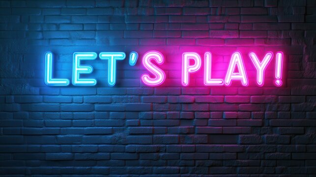 A vibrant neon sign reading "LET'S PLAY!" in blue and pink glows against a dark brick wall, symbolizing gaming and entertainment with a modern and energetic atmosphere. Gamer background