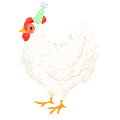 Cute children's book style white chicken with a party hat