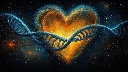 Heart shaped nebula formed from cosmic DNA strands in deep space with glowing spirals of genetic material floating against a backdrop of stars and galaxies