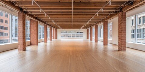 Spacious, bright loft interior with exposed wooden beams.