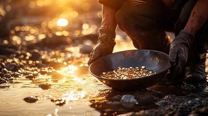 Rugged miner in dusty gear kneels beside a gold pan filled with sparkling nuggets, 