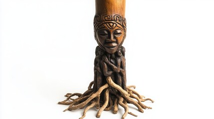 Hand Carved Wooden Sculpture of a Mother and Child with Roots
