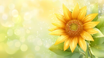 Obraz premium Youth Day: A vibrant close-up of a blooming sunflower with golden petals, surrounded by soft green leaves, warm sunlight casting gentle shadows, blurred spring meadow background, 