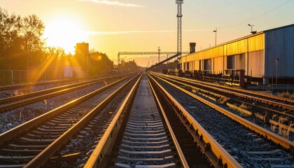 Fototapeta premium Sunset Over Train Tracks with Industrial Background and Clear Sky