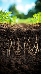 Fototapeta premium Rooted Plants sprout from soil; roots visible underneath