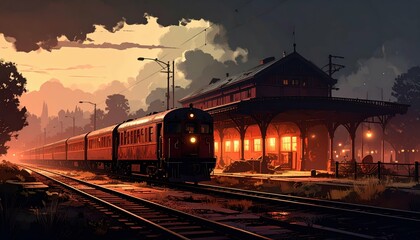 Fototapeta premium Vintage Train Station at Dusk with Warm Lights and Dramatic Sky