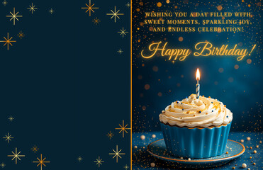 birthday card with cake in blue and gold