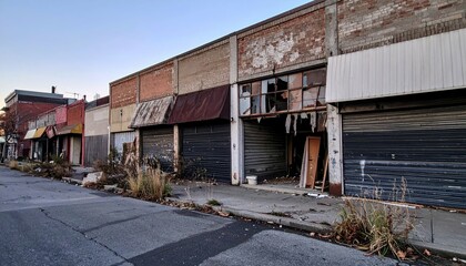 Abandoned Retail Buildings in Urban Setting with Broken Windows