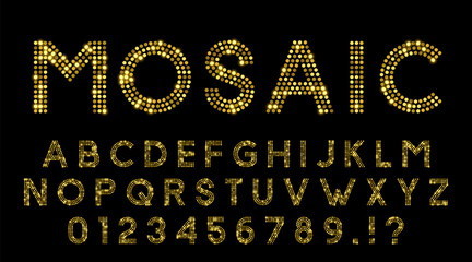 Glittering Mosaic Latin Font Made of Circles In Golden Colors © D Graphics