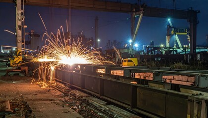 Naklejka premium Sparks Flying from Welding Process in Industrial Night Scene