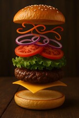  Deconstructed Classic Cheeseburger with Flying Ingredients