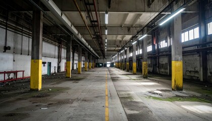 Abandoned Industrial Warehouse Interior With Yellow Columns and Debris