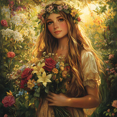 Mystical forest goddess with floral crown, birds, butterflies, and serenity