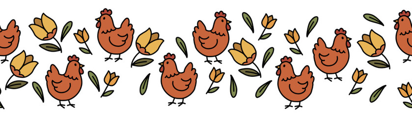 Abstract floral seamless border. Colorful chickens, flowers, plants and leaves, hand-drawn. Modern design.