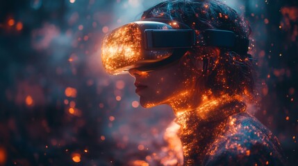 Person wearing virtual reality headset with glowing lights, looking aside, immersed in cyberspace world on a transparent background, PNG image, PNG file.