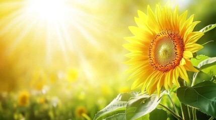 Obraz premium Youth Day: A vibrant close-up of a blooming sunflower with golden petals, surrounded by soft green leaves, warm sunlight casting gentle shadows, blurred spring meadow background, 