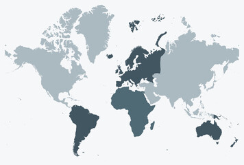 Map of World. Just a simple border map with continent division. Blue grey color palette. Blank map with administrative division. Vector illustration.