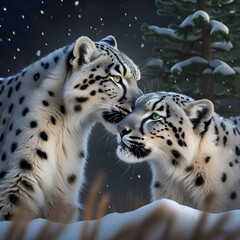 Fototapeta premium Tender Moment: Snow Leopards Share Affection in Winter Wonderland. Stunning wildlife photography capturing the bond between these majestic, endangered