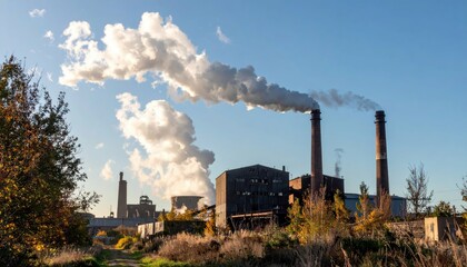 Industrial Landscape with Smoke Emitting from Factory Chimneys