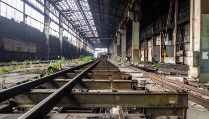 Fototapeta premium Abandoned Industrial Warehouse with Overgrown Tracks and Decay
