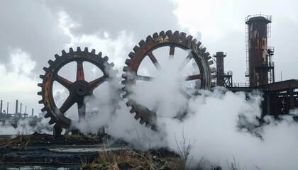 Industrial Landscape with Large Gears and Steam in Factory Setting