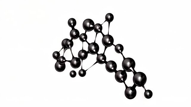 A drawing of a molecule with many spheres and lines. The drawing is black and white