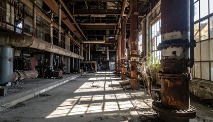Abandoned Industrial Facility with Rusting Machinery and Sunlight