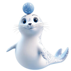Cartoon Seal Balancing Ball on Nose with Blue Hat Isolated on Transparent Background