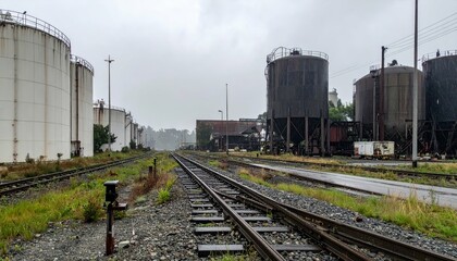 Fototapeta premium Industrial Landscape with Storage Tanks and Train Tracks in Rain