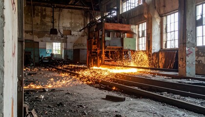Industrial Workshop with Sparks Flying from Metal Work Process