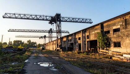Obraz premium Abandoned Industrial Warehouse with Cranes and Overgrown Landscape