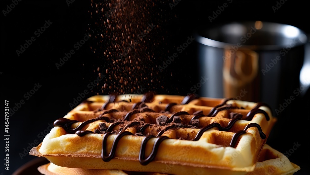 Poster chocolate waffle with powdered sugar falling on it from above.