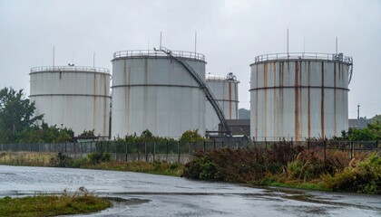 Obraz premium Industrial Storage Tanks in Rainy Weather at Refineries Site