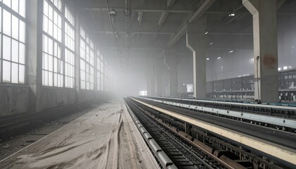 Abandoned Industrial Warehouse with Fog and Train Tracks Inside