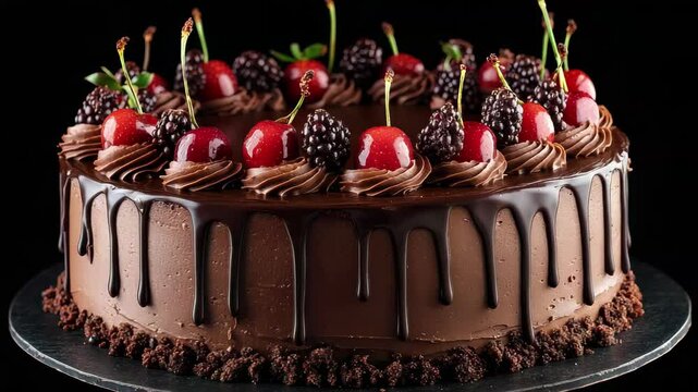 A chocolate cake with cherries on top. The cherries are in different sizes and are scattered all over the cake. The cake is placed on a black background