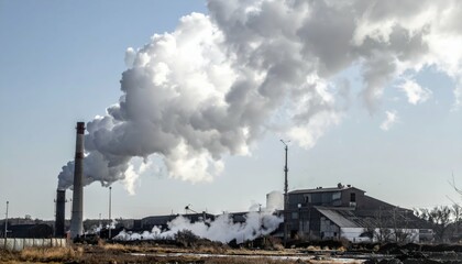 Industrial Smoke Emission from Factory Amidst Clear Sky and Smokestacks