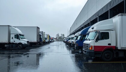 Row of Delivery Trucks in Rainy Industrial Park Setting