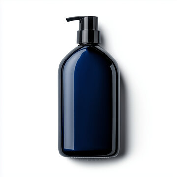 Dark blue matte shampoo bottle with black cap on white background