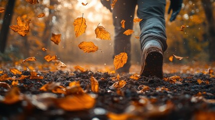 Autumn leaves fall around hiking boots
