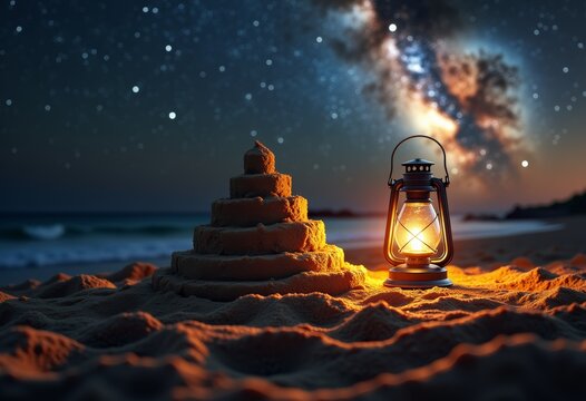 Sand castle illuminated by lantern under starry night sky  