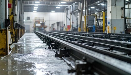 Fototapeta premium Industrial Warehouse Interior with Train Tracks and Rain Reflection